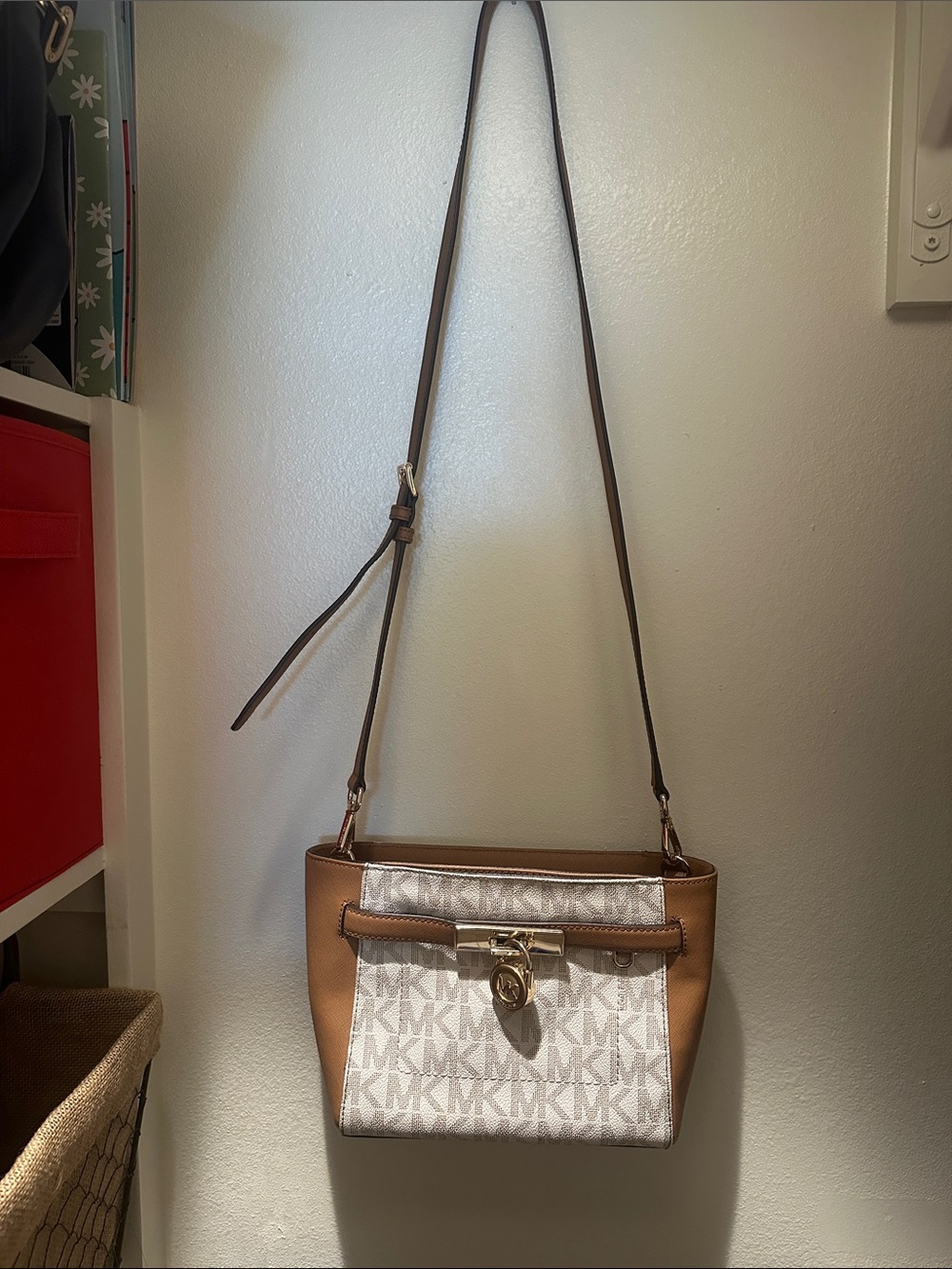 Michael Kors Tan and White Logo Crossbody Bag